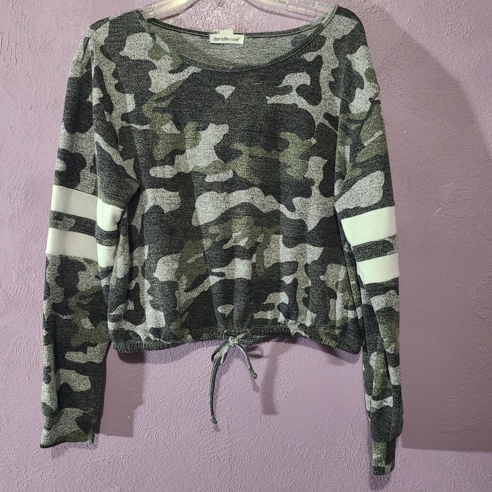 Charlotte Russe Camo Sweatshirt Women Large Green Good Cropped Varsity Stripe